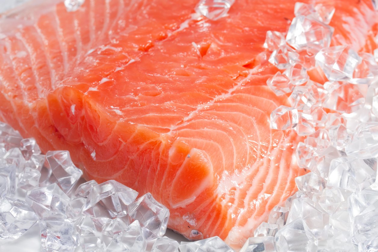 Close up image of a salmon fillet on cubed ice